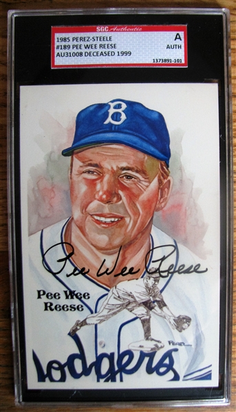 PEE WEE REESE SIGNED PEREZ STEELE POST CARD - SGC SLABBED & AUTHENTICATED 