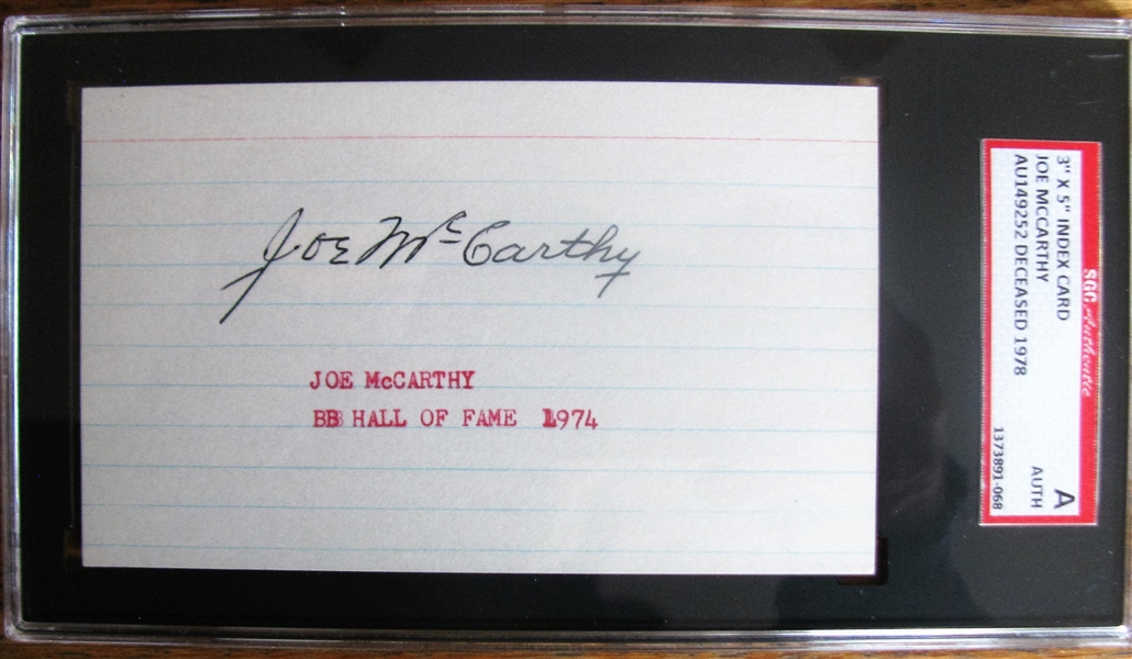 JOE McCARTHY SIGNED 3X5 INDEX CARD - SGC SLABBED & AUTHENTICATED