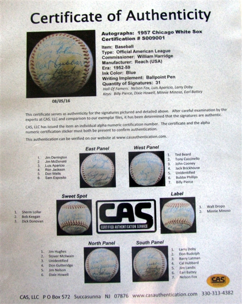 1957 CHICAGO WHITE SOX TEAM SIGNED BASEBALL - 31 SIGNATURES w/CAS LOA