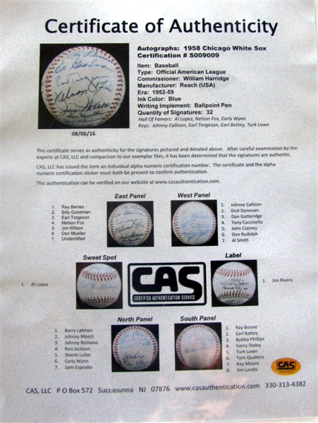 1958 CHICAGO WHITE SOX TEAM SIGNED BASEBALL - 32 SIGNATURES w/CAS LOA