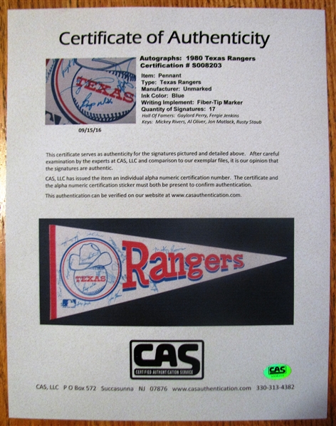 1980 TEXAS RANGERS TEAM SIGNED (17) BASEBALL PENNANT w/PERRY & JENKINS -CAS LOA