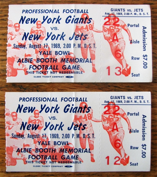 2 - 1969 NY GIANTS vs NY JETS YALE BOWL TICKET STUBS