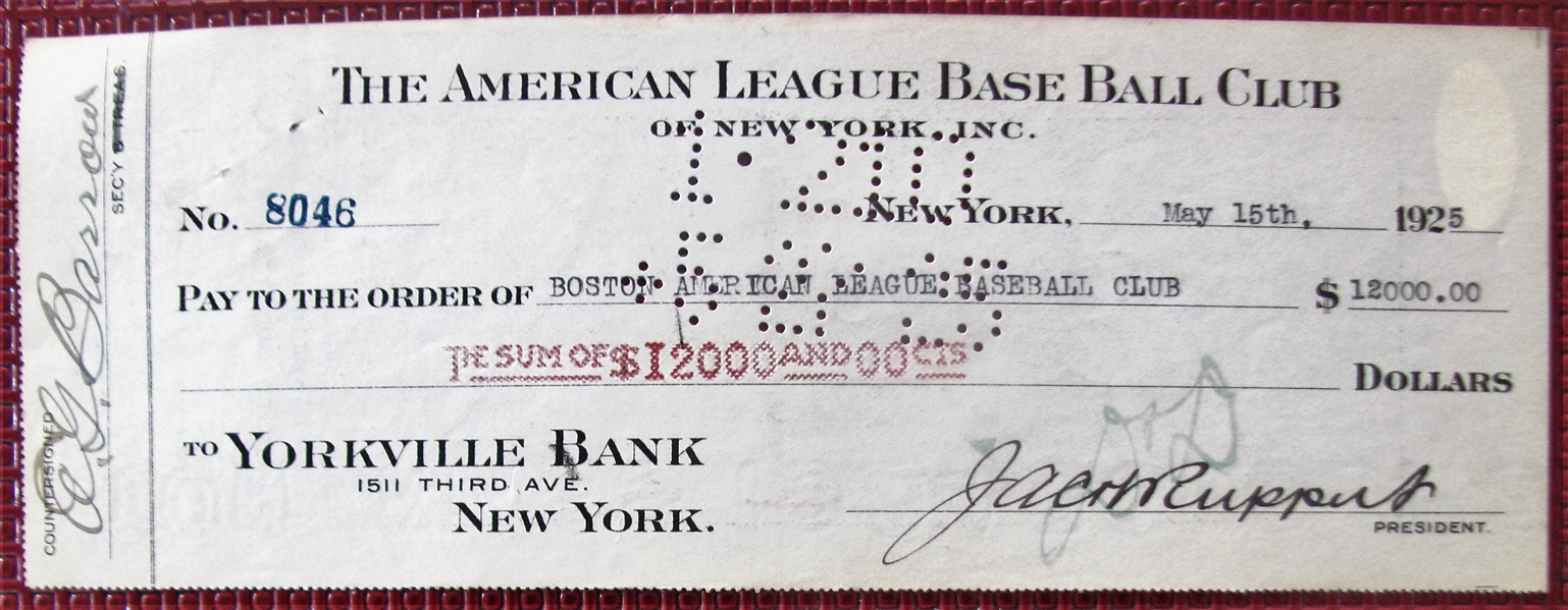 1925 NEW YORK YANKEES CHECK SIGNED BY ED BARROW & GEORGE RUPPERT w/JSA COA