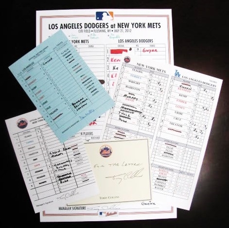 2012 LA DODGERS AT NY METS GAME USED LINEUP CARD SIGNED BY MATTINGLY & COLLINS