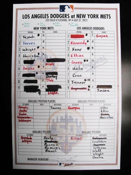 2012 LA DODGERS AT NY METS GAME USED LINEUP CARD SIGNED BY MATTINGLY & COLLINS