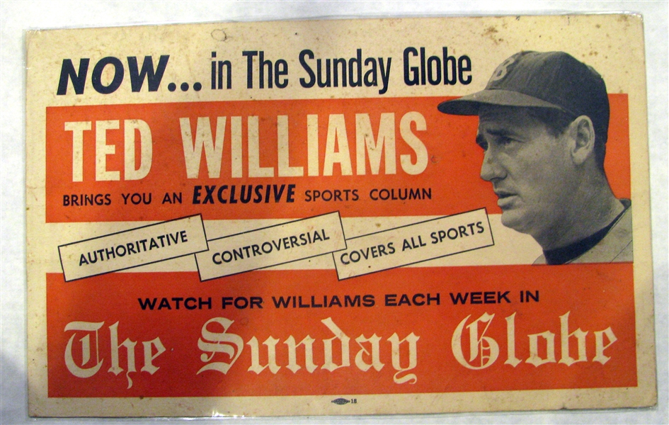 VINTAGE TED WILLIAMS THE SUNDAY GLOBE ADVERTISING POSTER