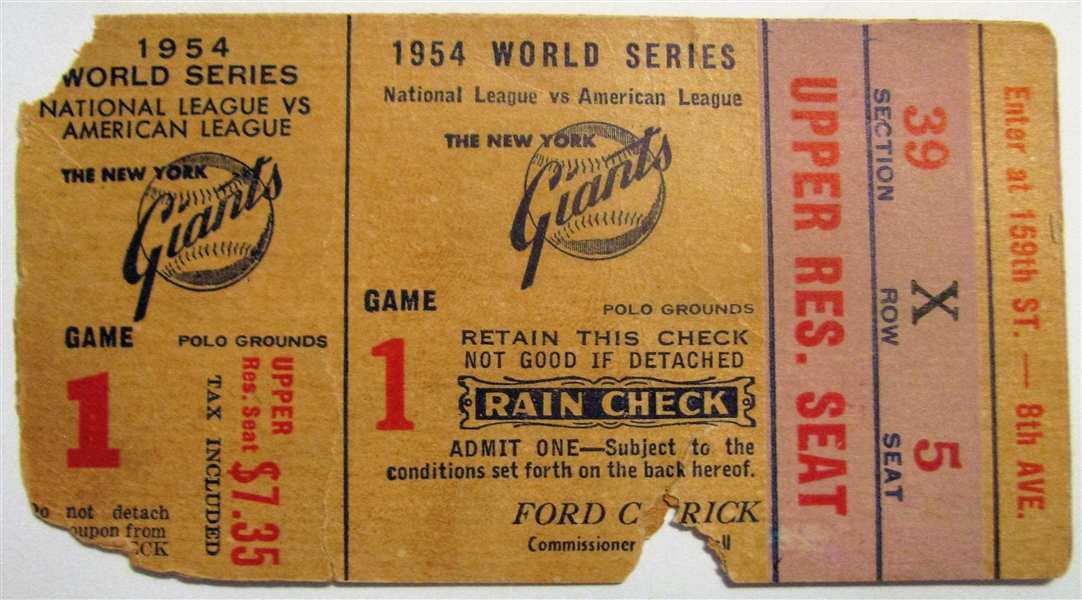 1954 NY GIANTS WS GAME #1 TICKET STUB - MAYS - THE CATCH