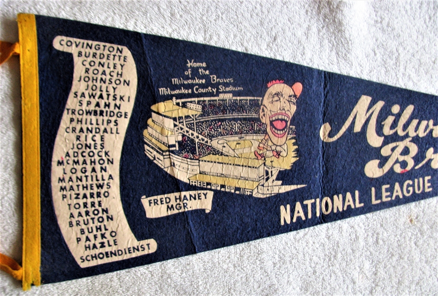 1957 MILWAUKEE BRAVES NATIONAL LEAGUE CHAMPIONS TEAM SCROLL PENNANT