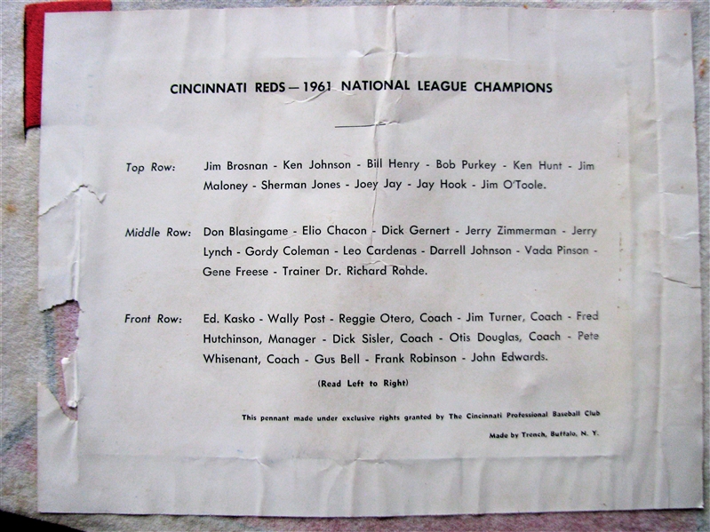 1961 CINCINNATI REDS WORLD SERIES TEAM PICTURE BASEBALL PENNANT