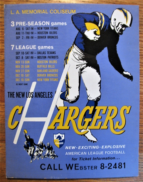 1960 LOS ANGELES CHARGERS AFL EASEL BACK BROADSIDE