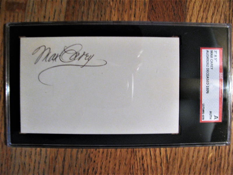 MAX CAREY SIGNED 3x5 INDEX CARD - SGC SLABBED & AUTHENTICATED