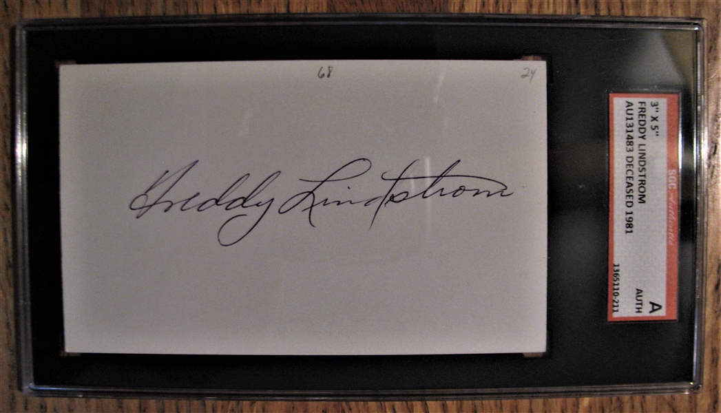 FREDDY LINDSTROM SIGNED 3x5 INDEX CARD - SGC SLABBED & AUTHENTICATED