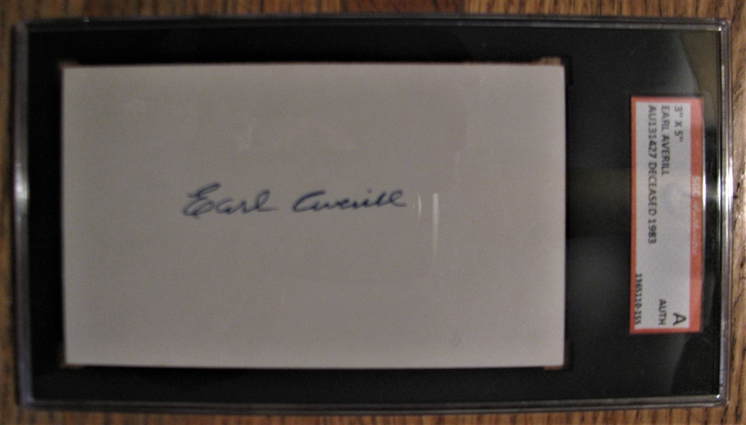 EARL AVERILL SIGNED 3x5 INDEX CARD - SGC SLABBED & AUTHENTICATED