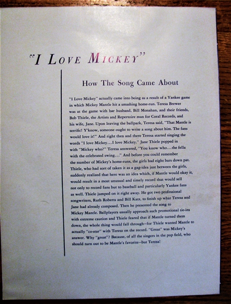 MICKEY MANTLE SIGNED ORIGINAL 1956 I LOVE MICKEY SHEET MUSIC w/CAS LOA