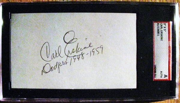 CARL ERSKINE DODGERS 1948-1959 SIGNED 3X5 INDEX CARD - SGC SLABBED & AUTHENTICATED
