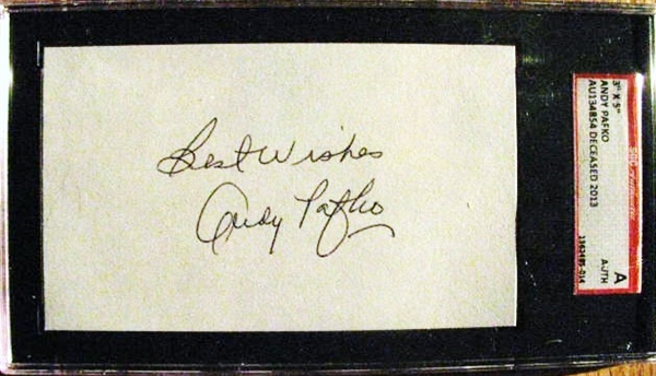ANDY PAFKO BEST WISHES SIGNED 3X5 INDEX CARD - SGC SLABBED & AUTHENTICATED