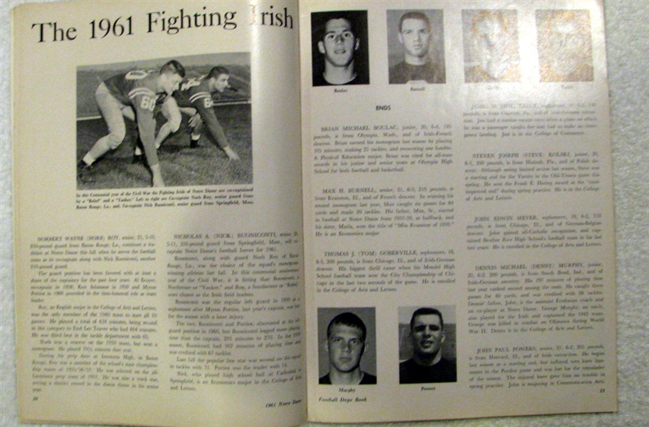 1961 NOTRE DAME FOOTBALL DOPE BOOK