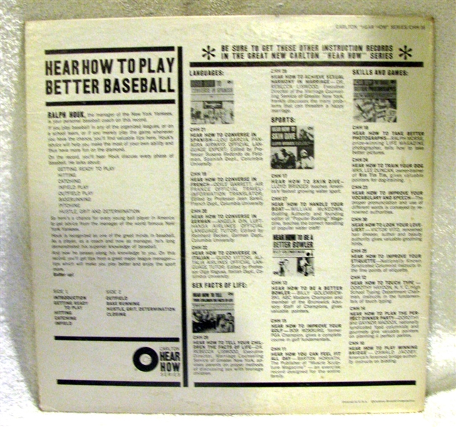 60's  RALPH HOUK - N.Y. YANKEES MANAGER - HOW TO PLAY BETTER BASEBALL RECORD ALBUM