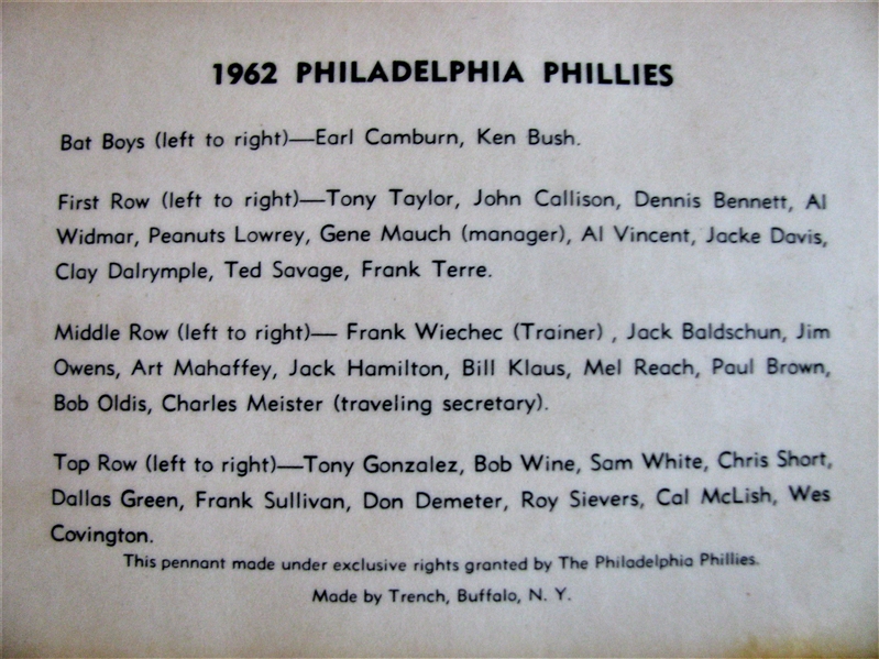 1962 PHILADELPHIA PHILLIES TEAM PICTURE PENNANT