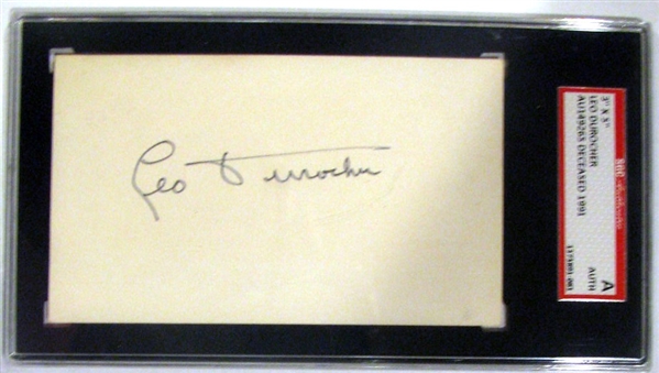 LEO DUROCHER SIGNED INDEX CARD - SGC SLABBED AND AUTHENTICATED