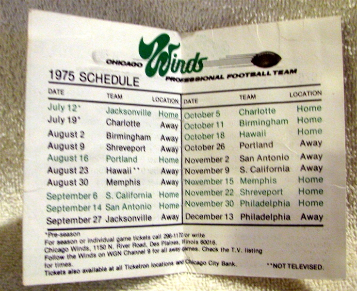 1975 WFL CHICAGO WINDS SCHEDULE BOOKLET