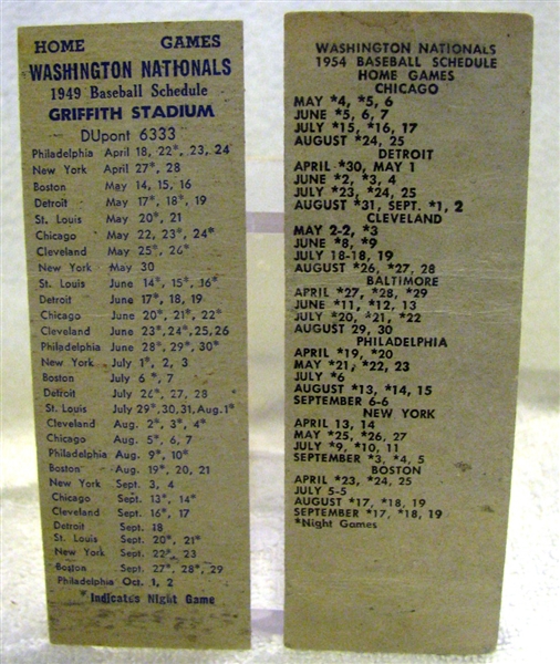 1949 & 1954 WASHINGTON NATIONALS MATCHBOOKS w/SCHEDULES