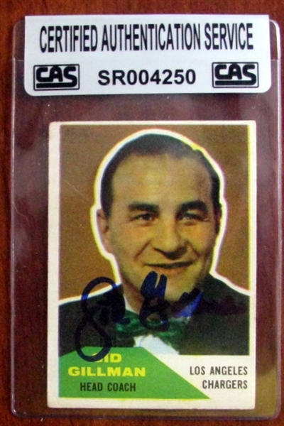 1960 FLEER AFL SID GILLMAN SIGNED CARD - CAS AUTHENTICATED