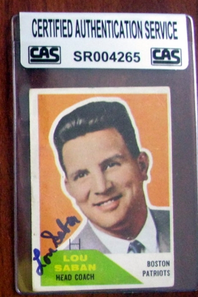1960 FLEER AFL LOU SABAN SIGNED CARD - CAS AUTHENTICATED