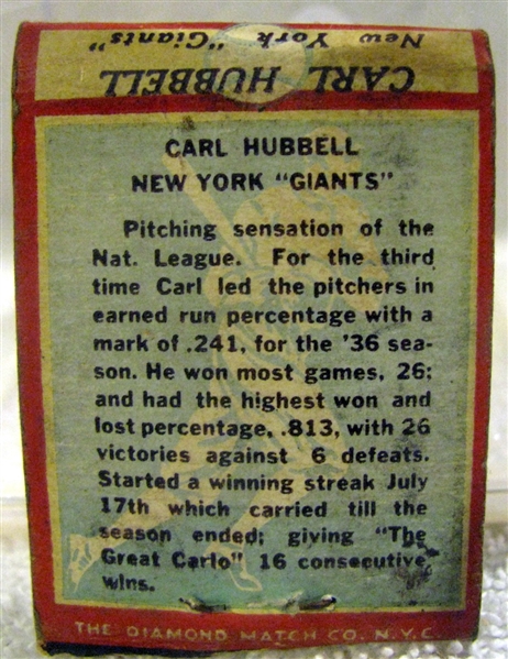 30's CARL HUBBELL - NEW YORK GIANTS - MATCH BOOK