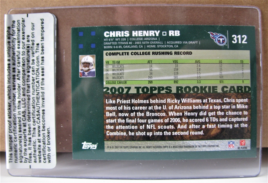 CHRIS HENRY SIGNED FOOTBALL CARD /CAS AUTHENTICATED