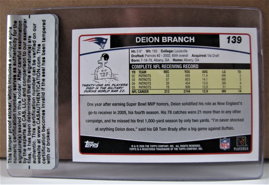 DEION BRANCH SIGNED FOOTBALL CARD /CAS AUTHENTICATED