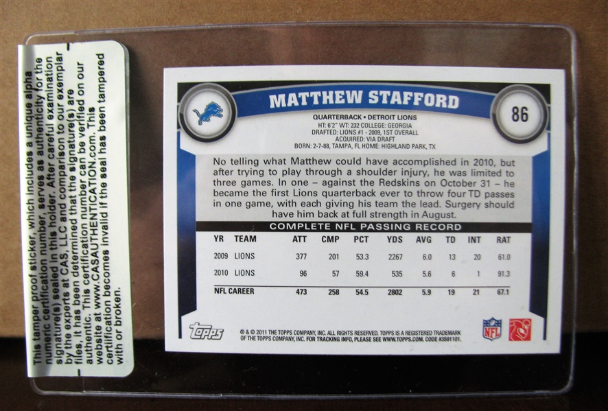 MATTHEW STAFFORD SIGNED FOOTBALL CARD /CAS AUTHENTICATED