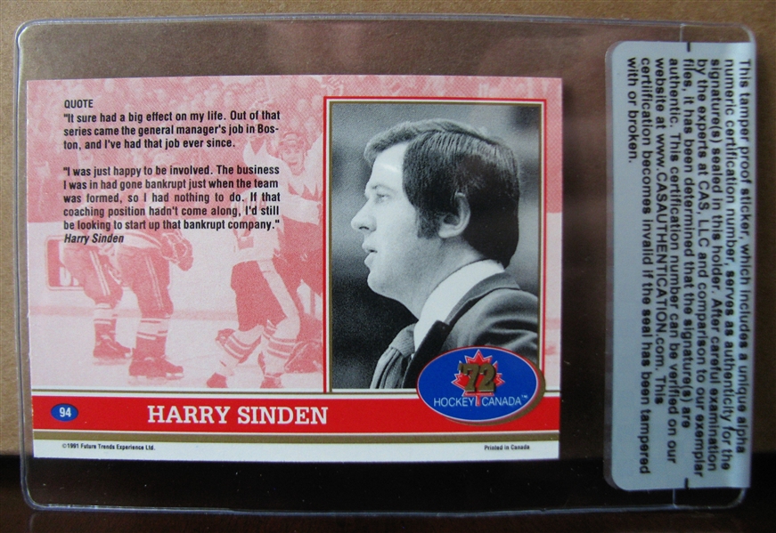 HARRY SINDEN SIGNED HOCKEY CARD /CAS AUTHENTICATED