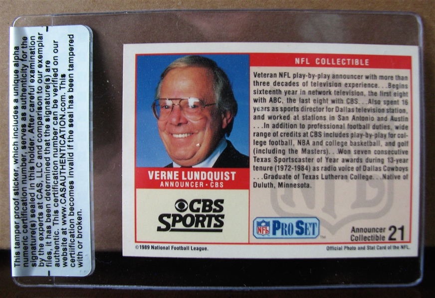 VERNE LUNDQUIST SIGNED FOOTBALL CARD /CAS AUTHENTICATED