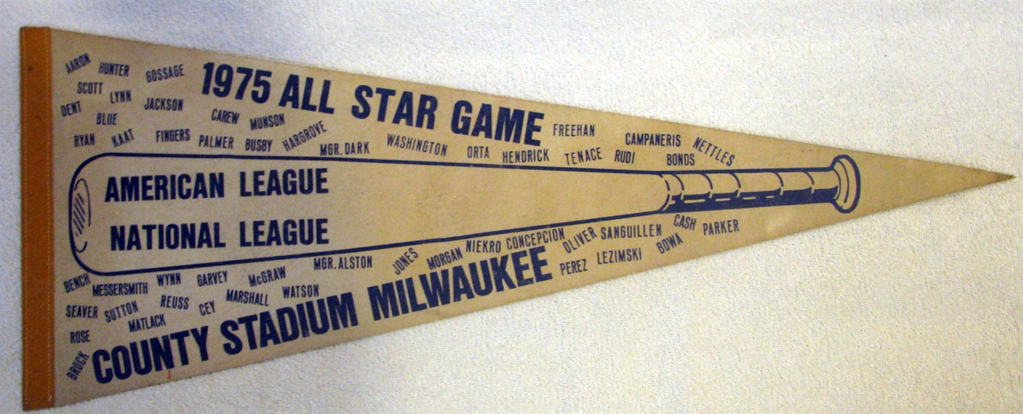 1975 ALL-STAR GAME PENNANT @ MILWAUKEE COUNTY STADIUM w/PLAYER NAMES