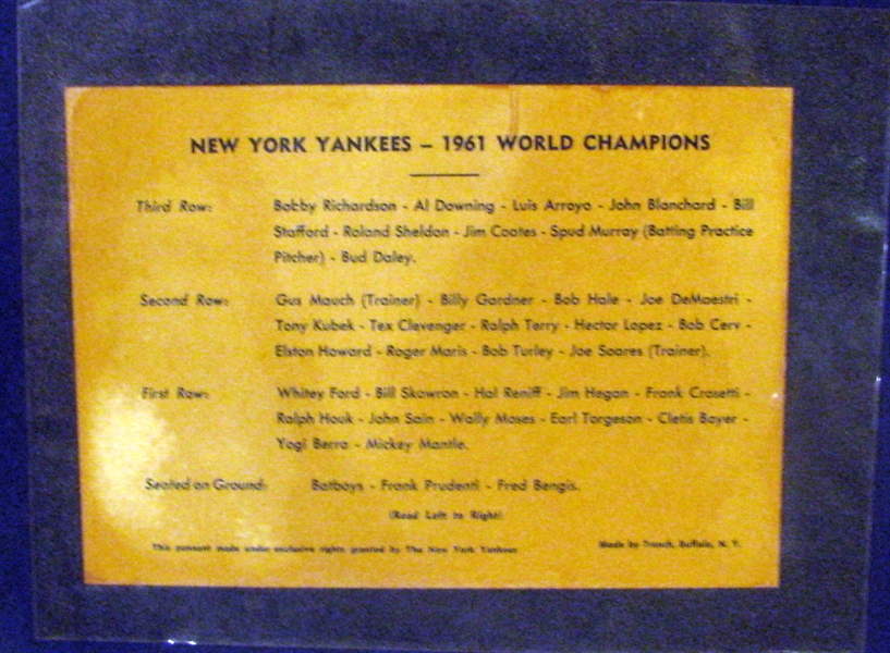 1961 NEW YORK YANKEES WORLD CHAMPIONS PHOTO PENNANT