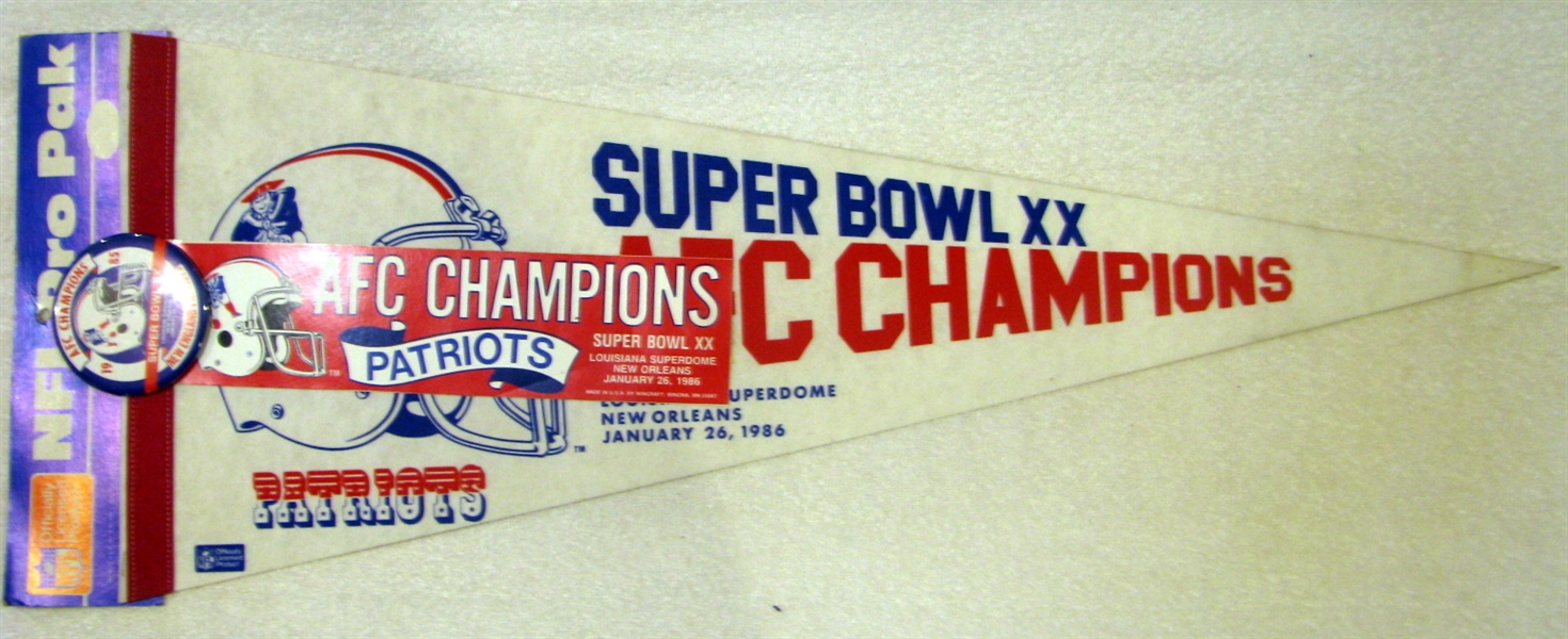 VINTAGE SUPER BOWL XX PENNANT - PATRIOTS ISSUE w/PIN AND BUMPER STICKER