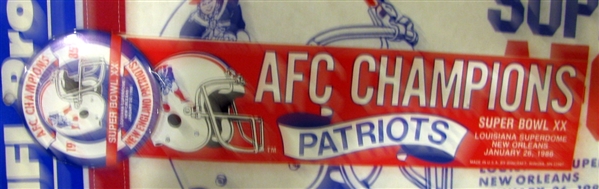 VINTAGE SUPER BOWL XX PENNANT - PATRIOTS ISSUE w/PIN AND BUMPER STICKER