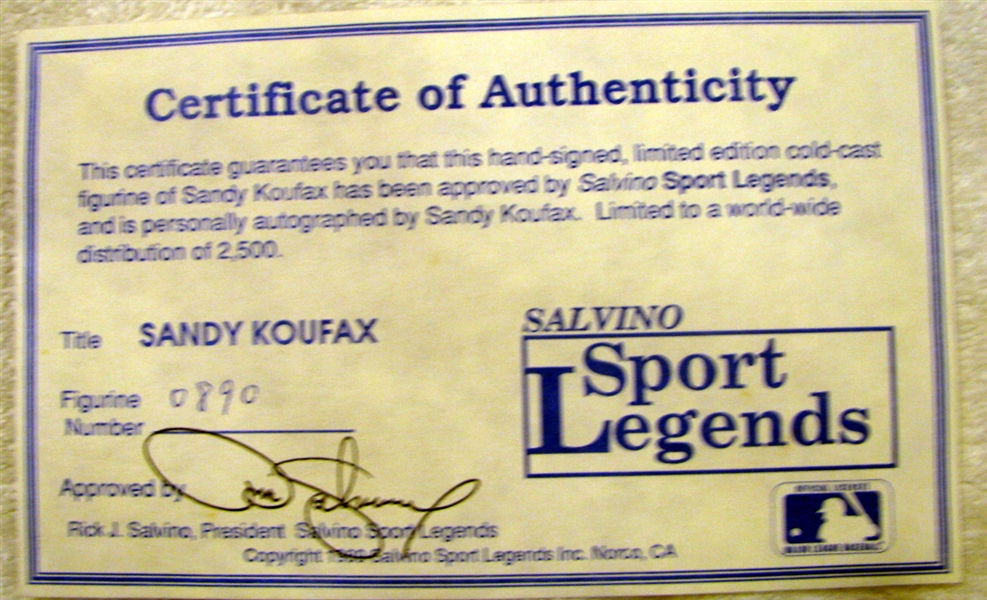 1989 SANDY KOUFAX SIGNED SALVINO STATUE w/BOX & COA