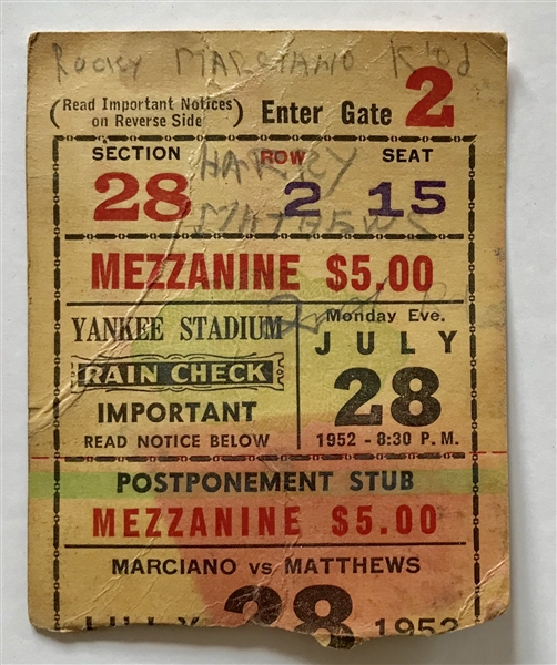 JULY 28, 1952 ROCKY MARCIANO vs HARRY MATHEWS TICKET STUB @ YANKEE STADIUM