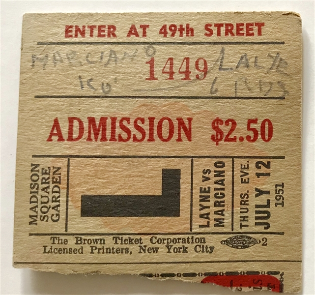 JULY 12, 1951 ROCKY MARCIANO vs REX LAYNE TICKET STUB @MSG
