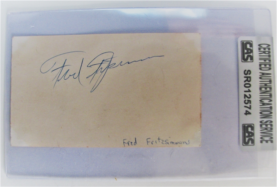 FRED FRITZSIMMONS SIGNED 3X5 CARD - w/CAS AUTHENTICATION