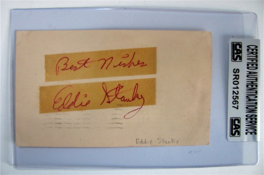 BEST WISHES EDDIE STANKY SIGNED 3X5 CARD - w/CAS AUTHENTICATION