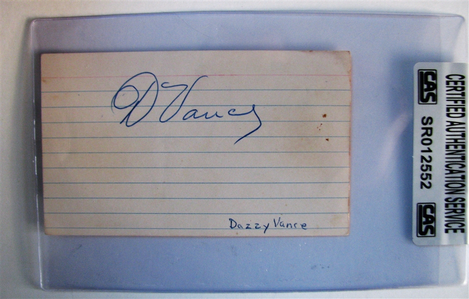 DAZZY VANCE SIGNED 3X5 CARD - w/CAS AUTHENTICATION