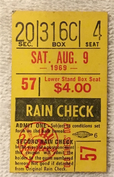 8/9/69 NEW YORK YANKEES TICKET STUB - MANTLE's 1st OLD TIMERS DAY GAME