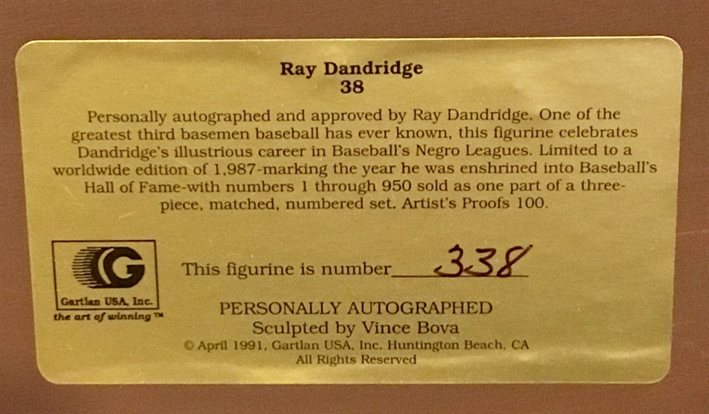1991 RAY DANDRIDGE SIGNED NEGRO LEAGUE GARTLAN STATUE w/BOX & COA