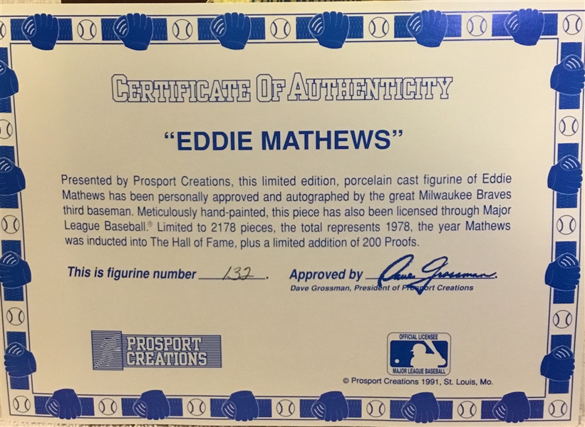 1991 EDDIE MATHEWS SIGNED PROSPORT STATUE w/BOX & COA