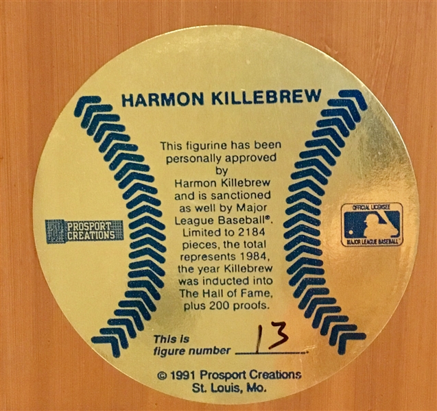 1991 HARMON KILLEBREW SIGNED PROSPORT STATUE w/BOX & COA