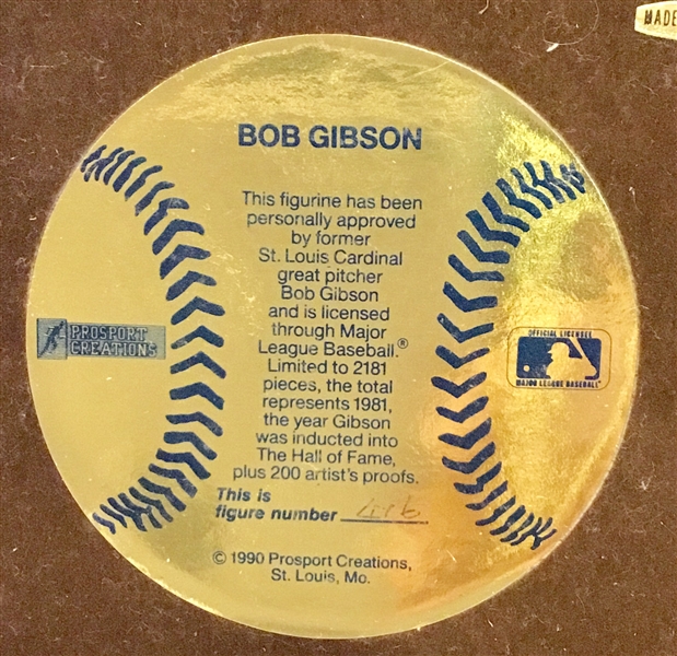 1990 BOB GIBSON SIGNED PROSPORT STATUE w/BOX & TAG