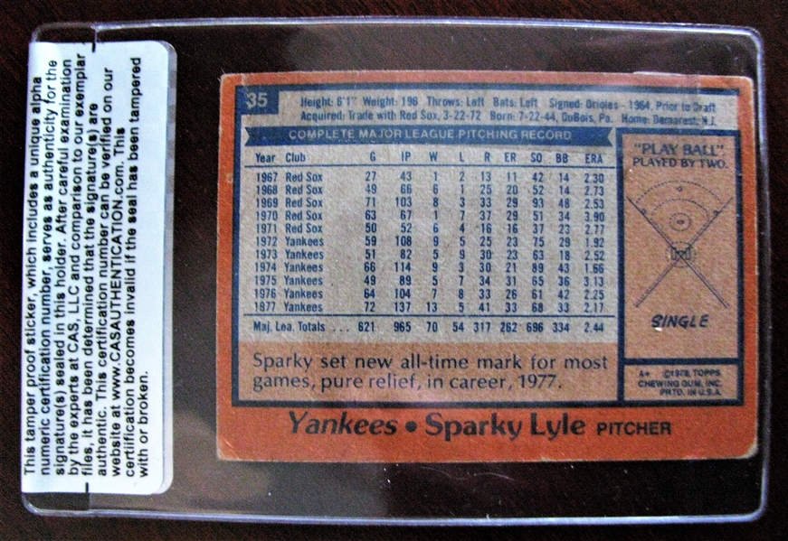 SPARKY LYLE 1978 TOPPS SIGNED BASEBALL CARD /CAS AUTHENTICATED
